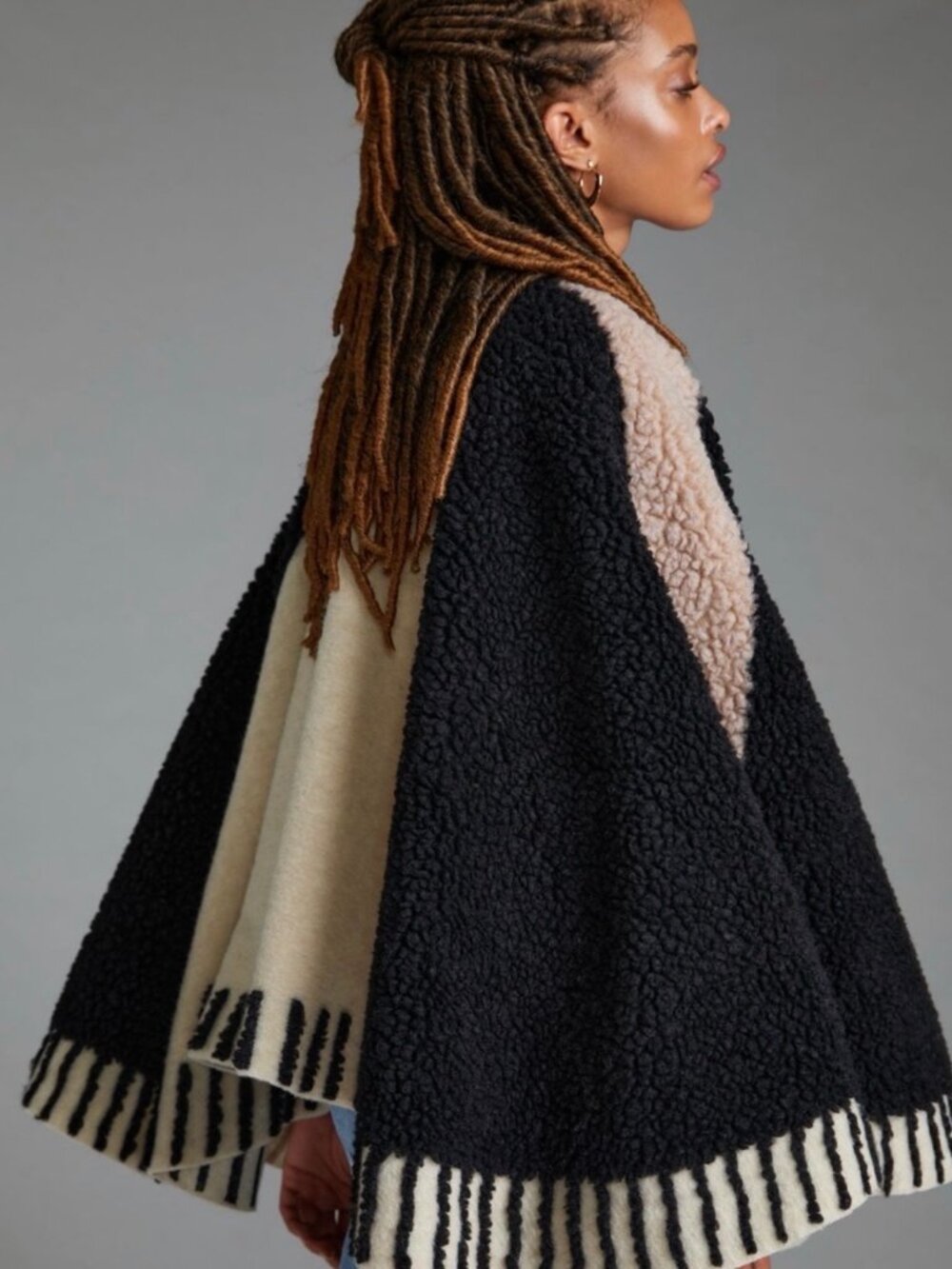 Maeve Anthropologie Black, Cream & Dusty Rose Sherpa Capelet One Size